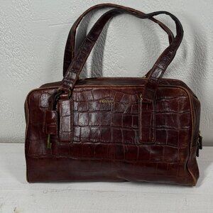 Fossil Croc Embossed Leather Satchel Brown Structured Shoulder Bag